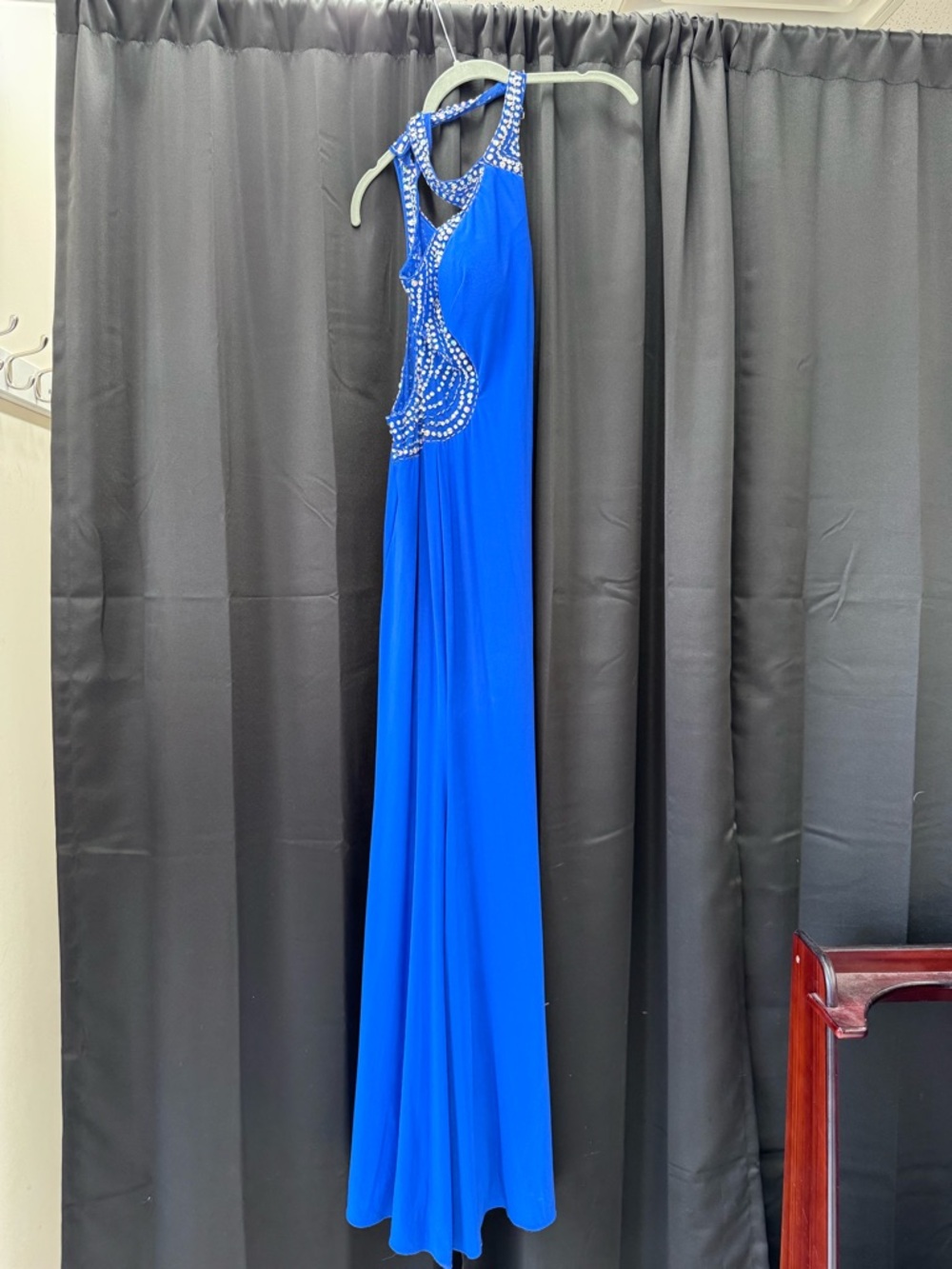 Betsy & Adam Royal Blue Beaded Halter Prom Gown